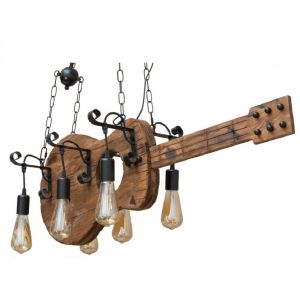 Lampadario sospensione coutry rustico in legno forma di chitarra 6 attacchi e27