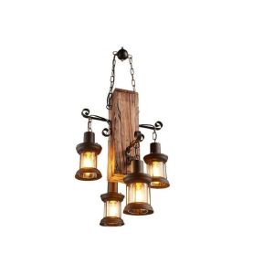 Lampadario sospensione rustico con 4 lanterne con attacco e27 legno e metallo