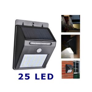 Lampada solare 25 led faretto da esterno con sensore movimento e crepuscolare 