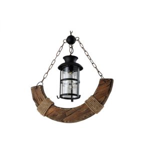 Lampadario sospensione coutry rustico in legno e corda con lanterna attacco e27 