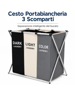 Cesto Portabiancheria 3 Scomparti Pieghevole con Telaio in Metallo – Porta Biancheria Salvaspazio per Bucato Scuri, Chiari e Colorati