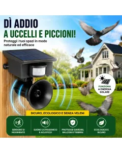 Dissuasore Scaccia Volatili con Sensore PIR – Allontana Piccioni, Colombi, Merli, Storni e Uccelli – Suoni Falco Gufo Aquila – Copertura fino a 4000 m²