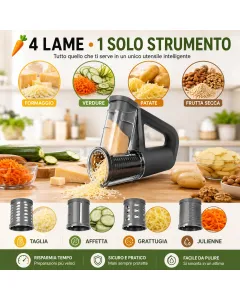 Grattugia Rotativa Manuale 4 in 1 con 4 Lame Intercambiabili – Affetta, Grattugia e Taglia Julienne – Ideale per Formaggio, Verdure, Patate e Frutta Secca