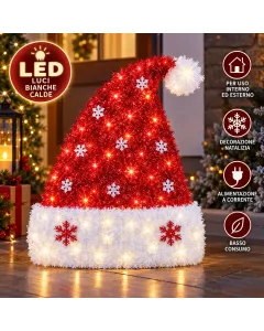 Cappello di Babbo Natale Luminoso LED 45x37 cm – Decorazione Natalizia con Fiocchi di Neve, Luce per Porta, Parete, Casa, Balcone e Ingresso