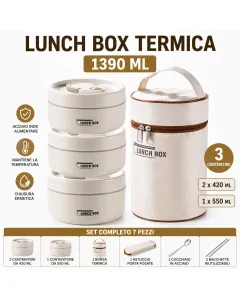 Lunch Box Termica Isotermica 1390 ML con 3 Contenitori in Acciaio Inox e Borsa Termica – Porta Pranzo con Cucchiaio e Bacchette per Ufficio, Scuola, Viaggi e Meal Prep