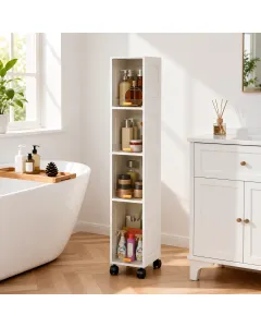 Mobile Salvaspazio Slim a 4 Ripiani con Ruote – Scaffale Stretto Multiuso con Ante Antipolvere – Organizzatore per Bagno, Cucina, Lavanderia e Ripostiglio