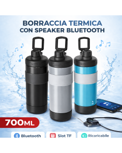 Borraccia Termica 700ML con Speaker Bluetooth Integrato – Wireless, Ricaricabile, Slot TF Card, Design Moderno