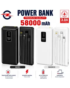 Power Bank 58000 mAh con Cavi Integrati, Display LED e Ricarica Rapida 3.0A – Batteria Esterna Portatile USB-C, Lightning e Micro USB