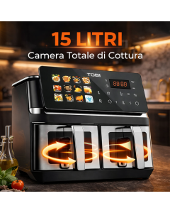 Friggitrice ad Aria Doppio Cestello 15L TOBI TB-969 – 2400W con Display Touch Full Color, 2 Zone di Cottura Indipendenti, Timer e Programmi Automatici