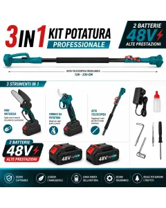 Kit Potatura a Batteria 3 in 1 con Asta Telescopica – Forbice Elettrica + Mini Motosega 6" + 2 Batterie e accessori 