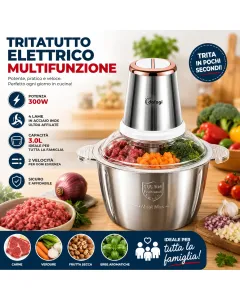Tritatutto Elettrico Multifunzione 300W 3L in Acciaio Inox – 4 Lame – 2 Velocità – Mixer da Cucina per Carne, Verdure, Frutta Secca e Pesto