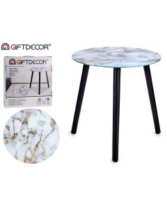 Tavolino tondo basso 40 x 40h cm con top in vetro effetto marmo e telaio nero
