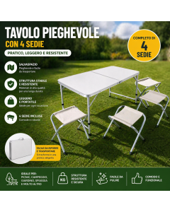 Tavolo Pieghevole con 4 Sedie – Set Campeggio Portatile Salvaspazio | Tavolino Richiudibile a Valigetta per Picnic, Giardino e Viaggi