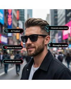 Occhiali Smart Audio Wireless con Assistente AI – Traduzione Vocale, Chiamate e Musica – Microfono Integrato 