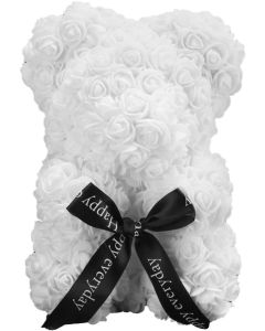 Orsetto con Rose Artificiali Fatto a Mano 25 cm (Bianco)