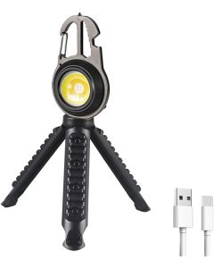 Torcia Multifunzione Ricaricabile da Campeggio e Pesca con Apribottiglie, Treppiede e Rompivetro, 6 Modalità di Luce