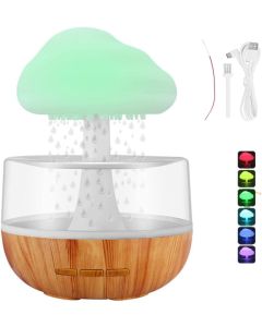 Umidificatore aromaterapia effetto pioggia e design in legno 7 colori led funzione wireless suono rilassante di pioggia