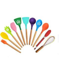 Set da cucina 12 pezzi in silicone e legno mestoli colorati nuovi
