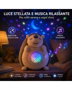 Peluche Riccio Proiettore Stelle con Musica Rilassante, Luce Notturna LED 7 Colori, Timer Automatico, Lampada per Bambini e Neonati
