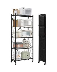 Scaffale Pieghevole a 5 Ripiani con Ruote 360° – Carrello Salvaspazio in Metallo, Scaffalatura Mobile Portatile Multiuso per Cucina, Dispensa, Bagno, Garage e Casa