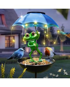 Mangiatoia per Uccelli Solare con Rana Decorativa e Ombrellino LED – Luce Automatica a Energia Solare – Decorazione da Giardino, Balcone e Terrazza – Altezza 84 cm
