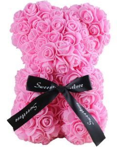 Orsetto con Rose Artificiali Fatto a Mano 25 cm (Rosa)