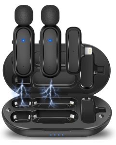 Microfono Lavalier Wireless con Custodia, 2 Mic + Ricevitore Lightning per iPhone/iPad, Riduzione Rumore, 8h Autonomia, 20m Portata