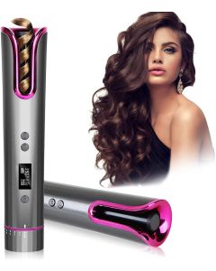 Arricciacapelli Automatico Senza Fili,Ferro Arricciacapelli Professionale Rotante Multifunzione con Antiscottatura,Ricarica USB Ferro Capelli con Display LCD Temperatura e Timer Regolabili