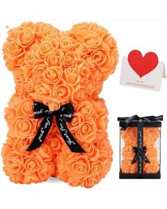 Orsetto con Rose Artificiali Fatto a Mano 25 cm (Arancio)