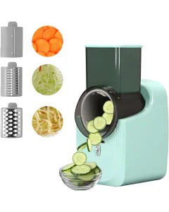 Grattugia Elettrica Multifunzione 3 in 1 50W con 3 Lame in Acciaio Inox – Affettatrice, Julienne e Grattugia per Formaggio, Verdure, Frutta e Cioccolato – Batteria 4500 mAh