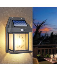 Applique lampada da parete per esterni con lampadina filamento a led luce calda con ricarica ad energia solare crepuscolare e sensore di movimento
