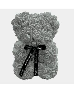 Orsetto con Rose Artificiali Fatto a Mano 25 cm (Grigio)