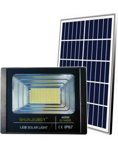Shunjiuboy Faro LED Solare 400W con Sensore Crepuscolare, Telecomando e Timer, Luce Bianca Fredda 6500K, IP67 