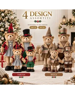 Coppia Orsetti Natalizi Decorativi 60 o 100 cm – Lui e Lei con Abiti in Tessuto, 2 Colori Assortiti, Decorazione Natale