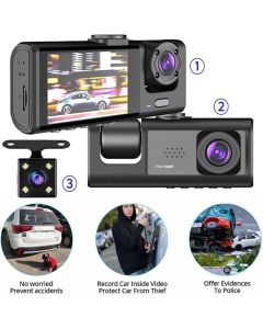 Dash Cam con Registrazione in Loop, Visione Notturna IR e Fotocamera 1080P a 3 Obiettivi con Schermo IPS da 2