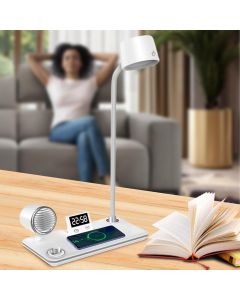 Lampada LED 4-in-1 con Ricarica Wireless 25W, Speaker Bluetooth e Orologio Digitale