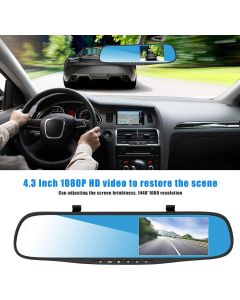 Specchietto Retrovisore Digitale 4.3" con Doppia Telecamera Full HD, Registrazione Video Anteriore e Posteriore, Motion Detection, Retrocamera Inclusa