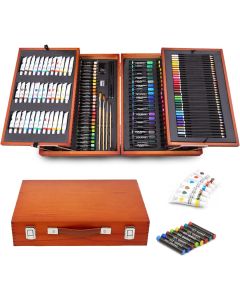 Set da Disegno Portatile Bambini JasCherry – 172 Pezzi, Matite Acquerellabili, Pennarelli e Pastelli in Valigetta di Legno