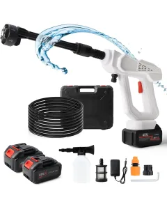 Idropulitrice Cordless 48V con 2 Batterie, Ugello 6 in 1 e Schiumogeno – Pistola ad Alta Pressione Portatile per Auto, Moto, Giardino, Tapparelle e Balconi