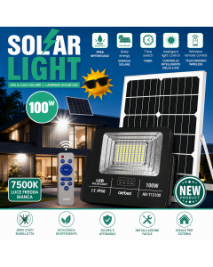 Faro LED Solare 100W con Pannello | IP66 Impermeabile | Telecomando Wireless | Luce Fredda 7500K per Esterni