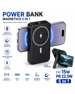 Power Bank Magnetico Wireless 30000mAh 5 in 1 con Supporto Pieghevole | Ricarica Rapida PD 22.5W QC3.0 | Wireless 15W