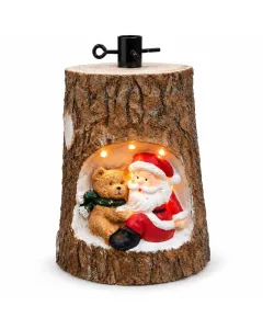 Decorazione Natalizia Luminosa 35 cm con Babbo Natale e Orsetto – Tronco Effetto Legno con Luci – Addobbo Natalizio da Interno