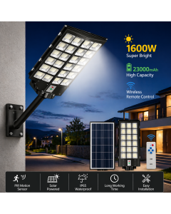 Lampione Solare LED 1600W con Telecomando – 23000mAh, Sensore Movimento, IP66 Impermeabile, Faro Stradale Esterno Alta Luminosità