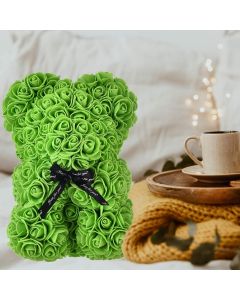 Orsetto con Rose Artificiali Fatto a Mano 25 cm (Verde)
