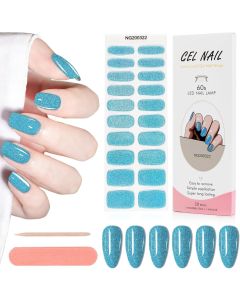 Kit Adesivi per Unghie in Gel Semipolimerizzato - 20 Strisce Autoadesive con Accessori per Manicure azzurro glitterato