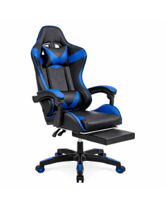 Poltrona Gaming Ergonomica Reclinabile con Poggiapiedi Estraibile, Cuscini Lombare e Cervicale, Altezza Regolabile-Blue