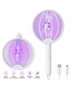 Racchetta Zanzare Elettrica 2 in 1 con Lampada UV Antizanzare Pieghevole USB Ricaricabile per Casa Campeggio Giardino