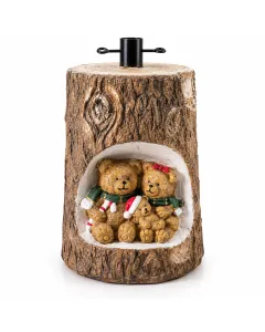 Tronco Natalizio Decorativo 55 cm con Famiglia di Orsetti e Luci Integrate – Decorazione Natalizia Effetto Legno Illuminata per Casa e Albero di Natale