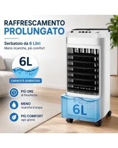 Raffrescatore d'Aria Portatile Evaporativo 6L con Ruote – 65W, 3 Velocità, Serbatoio ad Acqua, Raffrescamento per Casa e Ufficio
