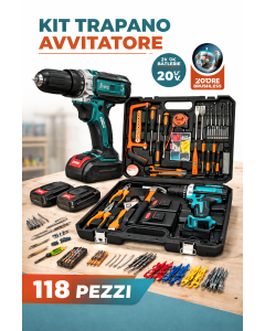 Kit Valigetta Attrezzi 118 Pezzi con Trapano Avvitatore a Batteria 48V Brushless con 2 Batterie